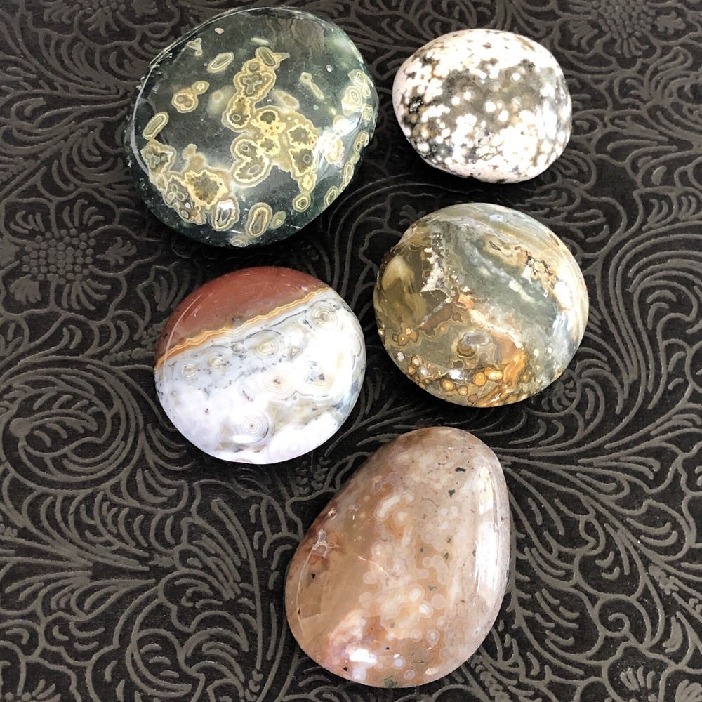 Lot of 5 Ocean Jasper 7th 8th Vein Tumbled Palm Stones Madagascar Orbicular